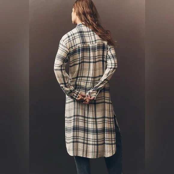 Anthropologie Pilcro Side-Slit Maci Tunic Buttondown in Ivory Plaid, size L, NWT - Picture 3 of 12